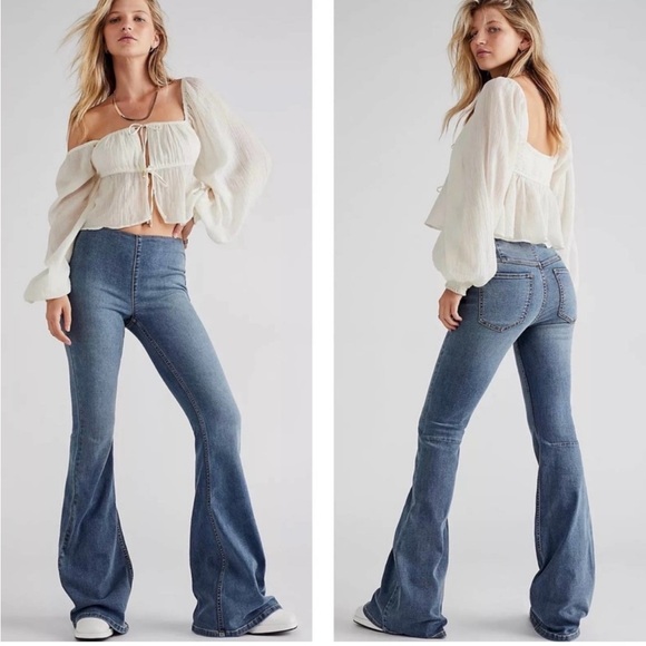 Free People Denim - FREE PEOPLE Penny Pull On Jeans Flare Leg Bell Bottoms Blue Wash Mid Rise Boho